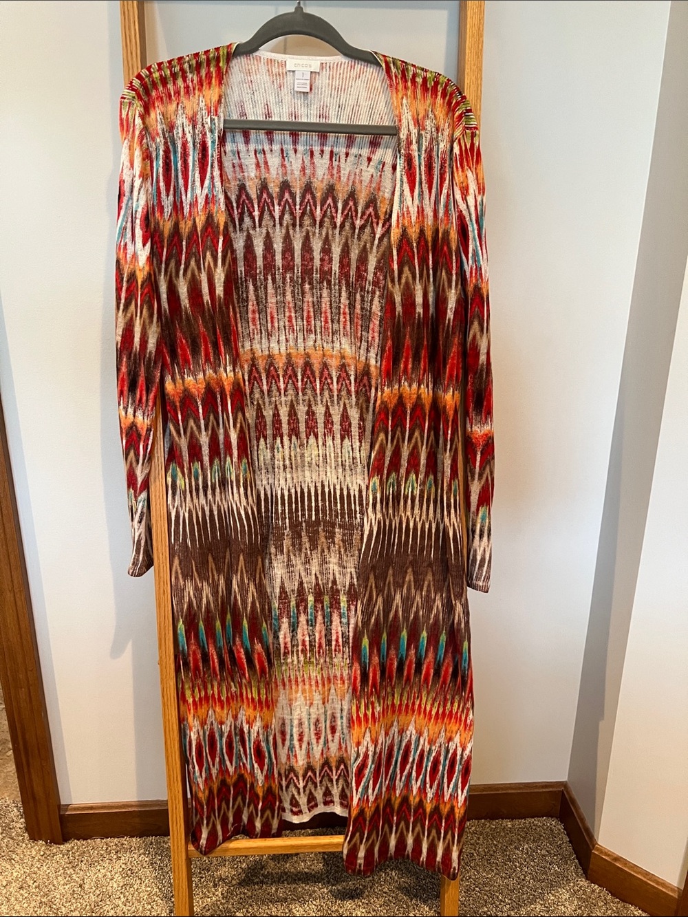 Chicos Colorful Ikat Long Open Cardigan - Red, Brown, Teal